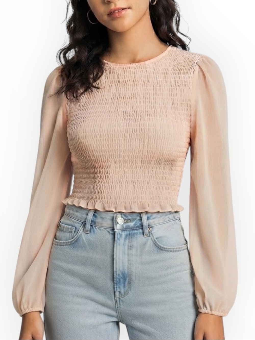 WAYF Blush Pink Smocked Bodice Chiffon Sleeve Blouse Women’s M
